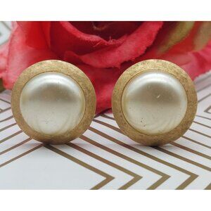 Crown Trifari Brushed Gold Tone Faux Pearl Vintage Clip Earrings 1" Mid Century